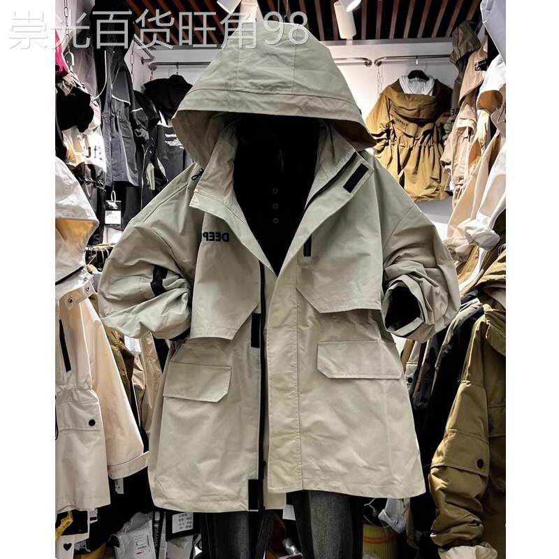 休闲宽松中长款风衣女春秋新款欧货时尚刺绣字母长袖连帽加棉外套