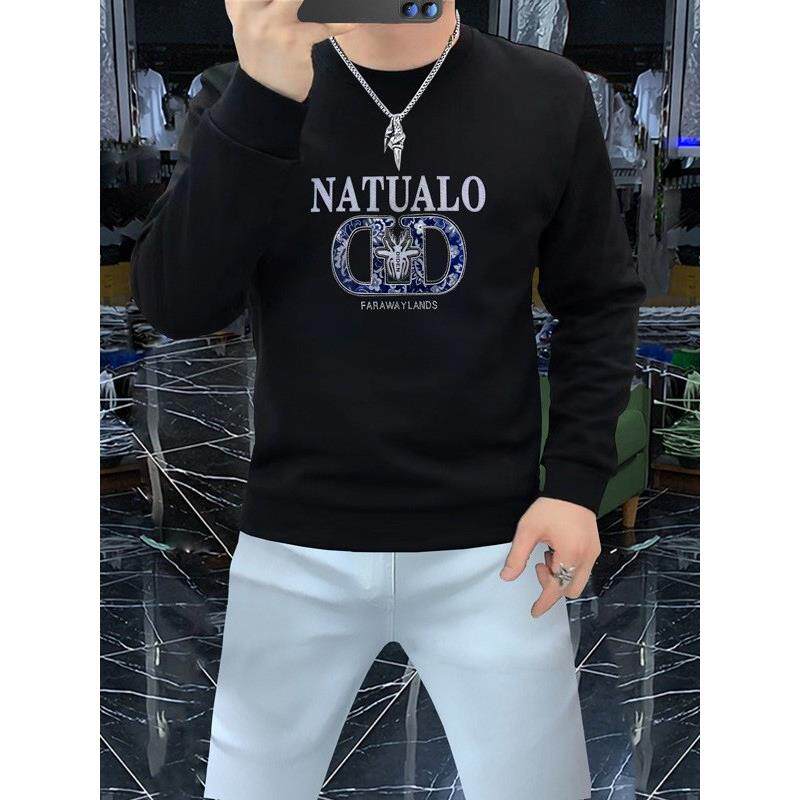 秋冬季潮牌欧货重工纯棉长袖卫衣男修身个性新款印花圆领T恤上衣