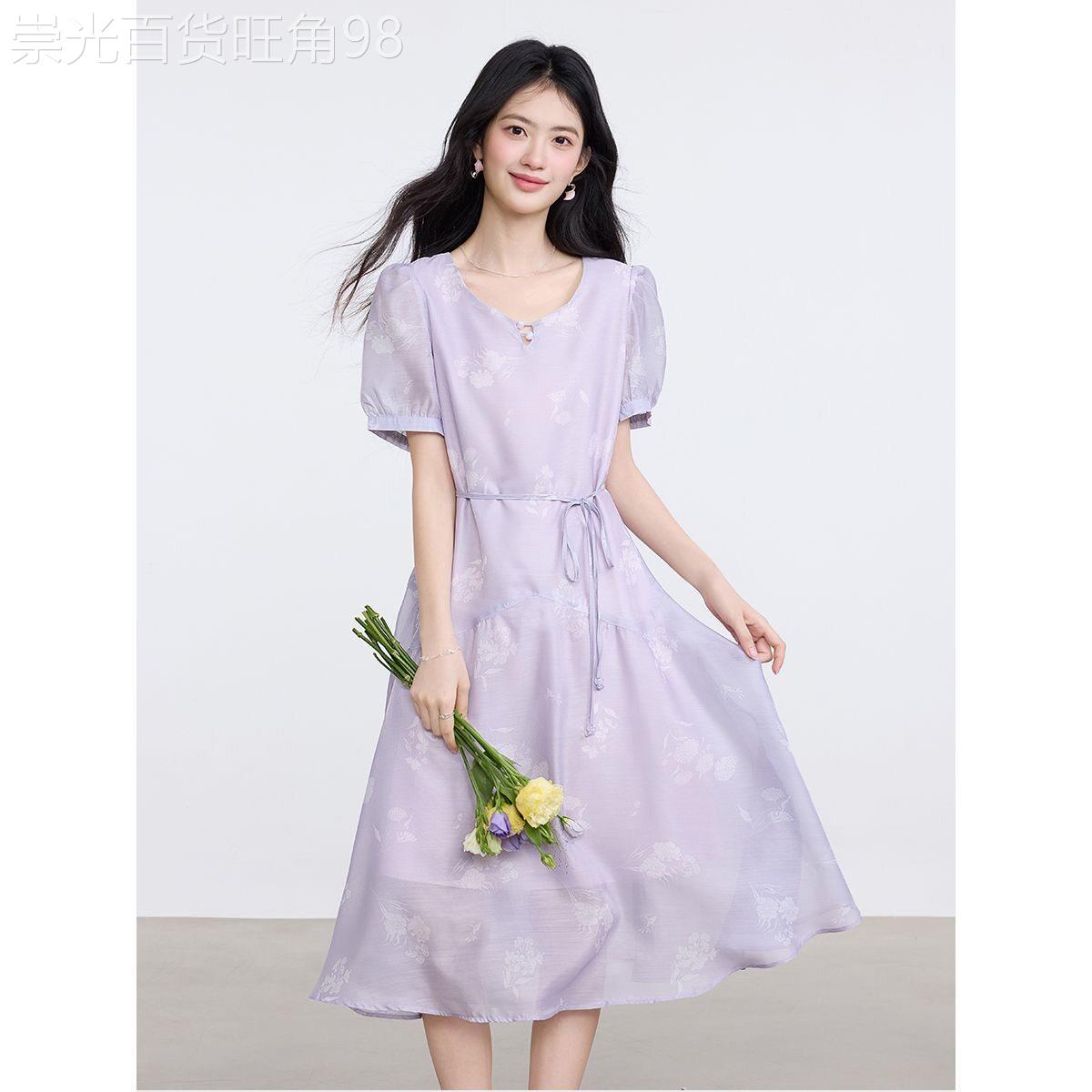 设计感气质连衣裙女夏季新款端庄大气领口珍珠点缀系带收腰碎花裙