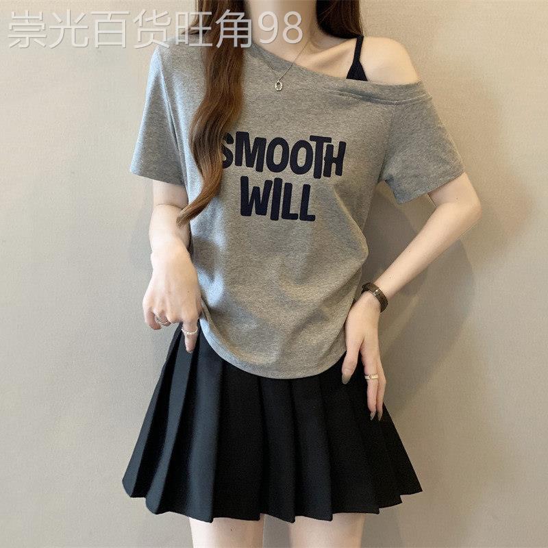 美式炸街单肩斜肩露肩短袖T恤女2026夏季新款大码微胖mm显瘦上衣