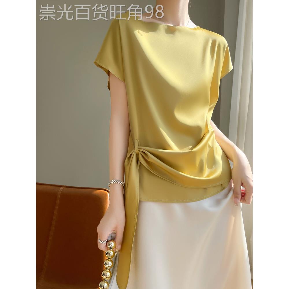 egmg醋酸缎面短袖上衣女夏季2025新款一字领套头宽松纯色洋气小衫