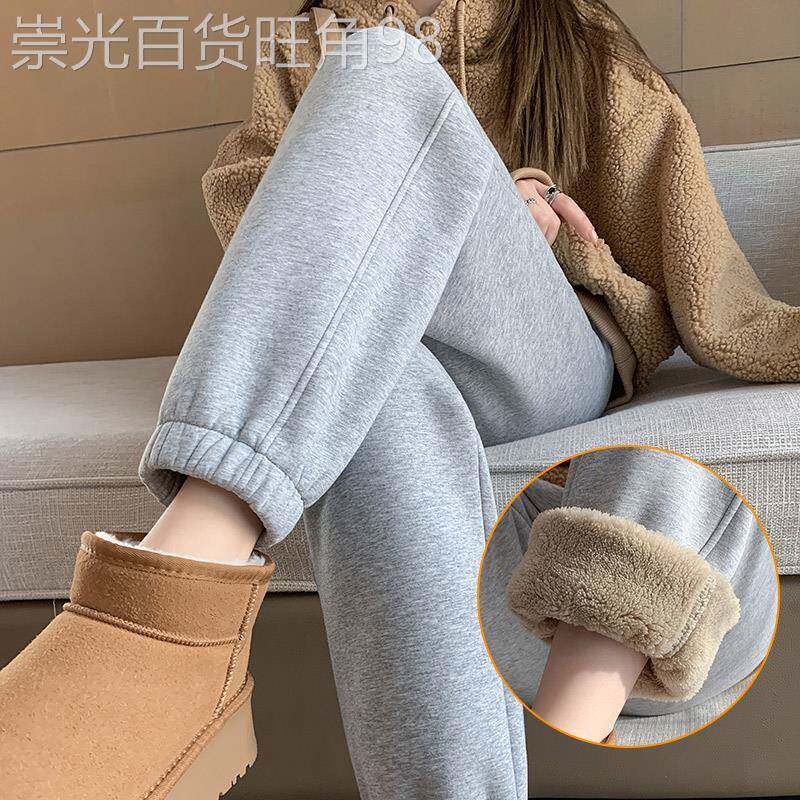 加绒加绒灰色运动裤女春秋2025新款高腰显瘦束脚卫裤羊羔绒棉裤子