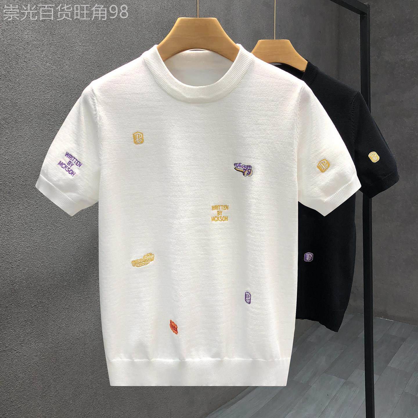 潮牌薄款针织短袖T恤男士新款刺绣半截袖打底衫冰丝简约轻奢体恤