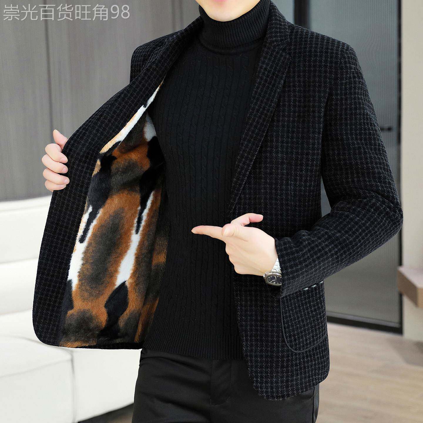 高端休闲西服男外套冬季修身短款潮流千鸟格子男士小西装加绒便西