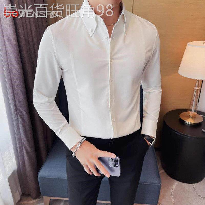 法式大尖领衬衫男士长袖2025新款春秋季高级感韩版痞帅白衬衣男款