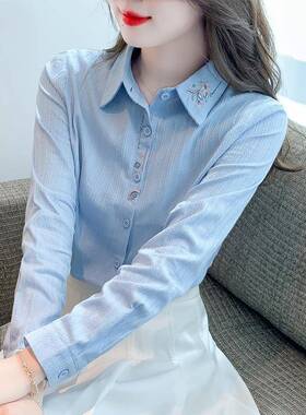 香港Timo 2025春秋季新款绣花棉衬衫女士时尚棉衬衫时尚减龄上衣