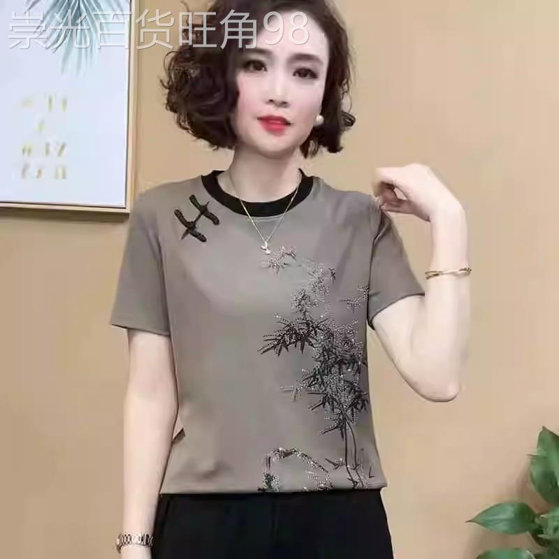 中年妈妈圆领复古国风盘扣亮钻短袖T恤女士夏季薄款宽松大码上衣