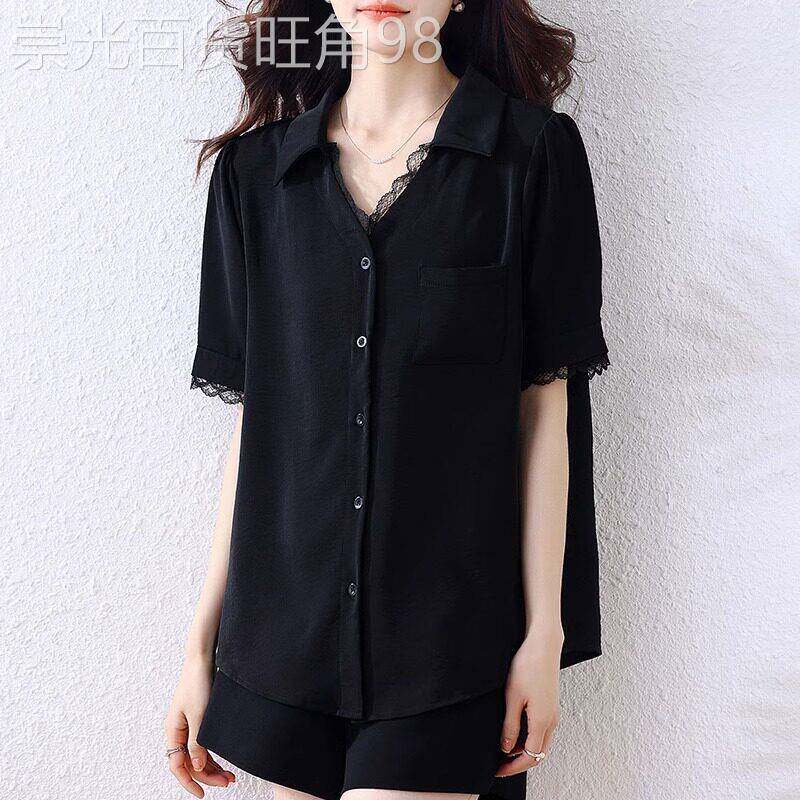 休闲翻领短袖衬衫女夏季新款设计感别致蕾丝拼接V领开衫衬衣上衣