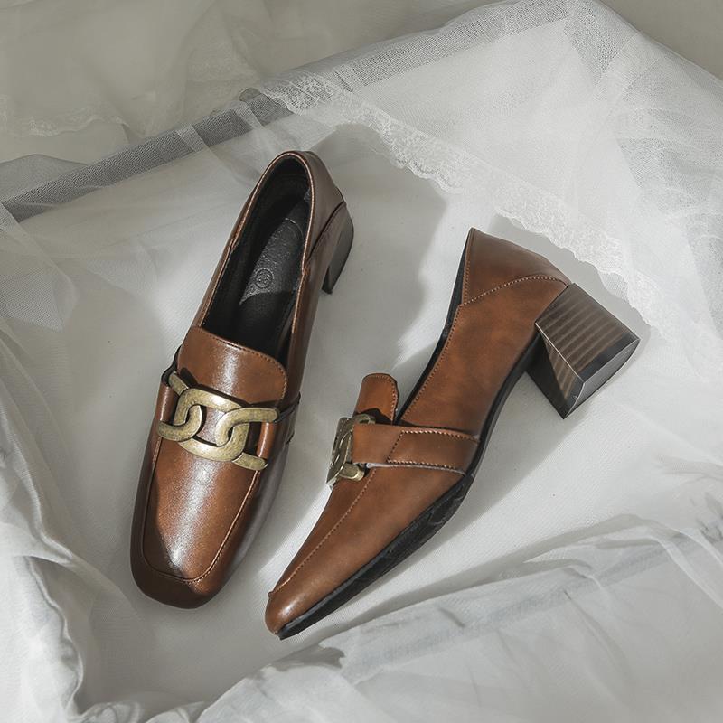 女鞋2025春秋季新款中跟工作鞋英式厚跟专业小皮鞋棕色乐福鞋