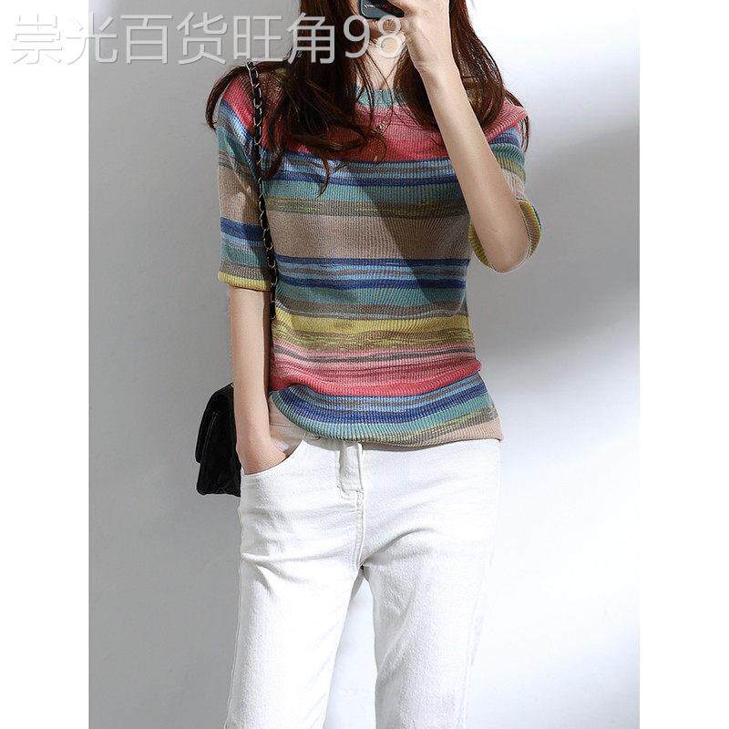 条纹冰丝短袖T恤女2026年夏季新款韩版修身显瘦百搭圆领针织上衣