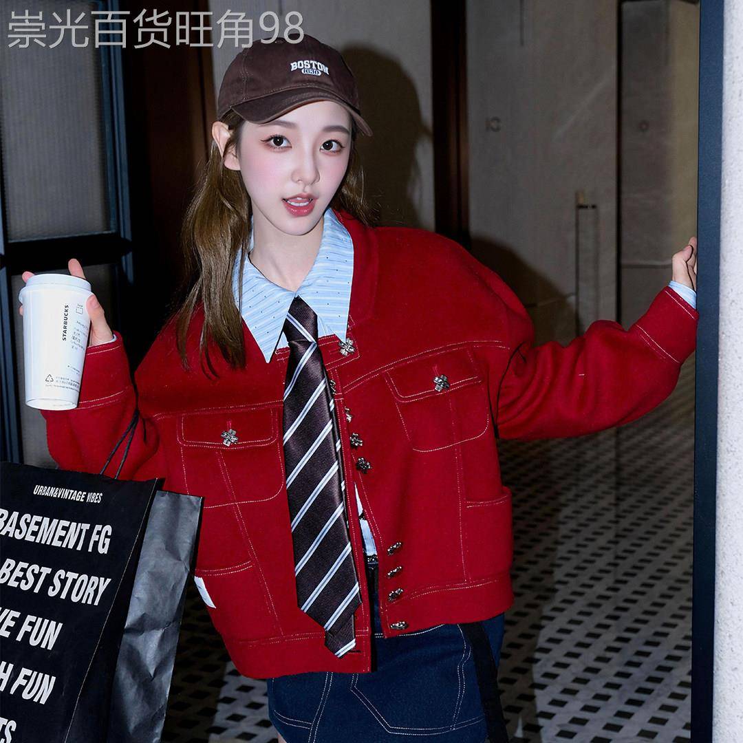 安哥拉红小立领短款外套女春季2026新款小个子绝美巨好看夹克上衣