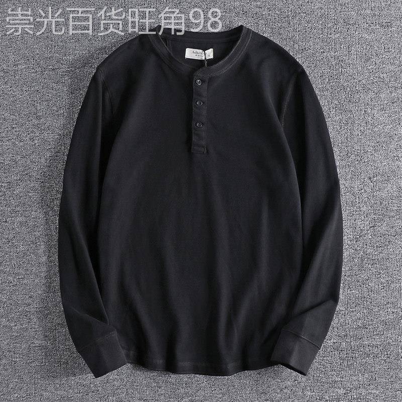 代购潮男秋季复古亨利领男士长袖T恤厚实纯棉休闲青年打底衫上衣