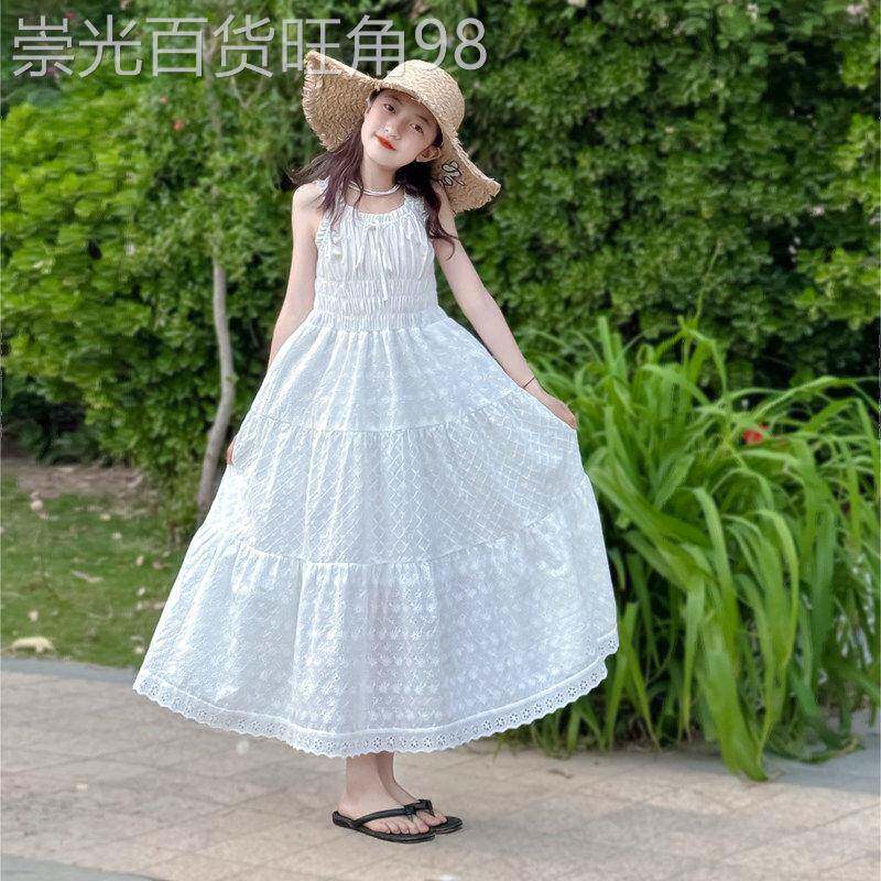 法国BADNUT女童连衣裙夏季2026新款儿童公主裙大童白色长款吊带裙