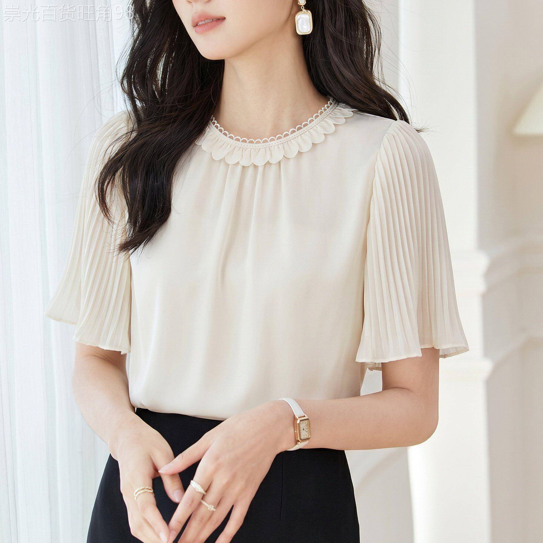 短袖雪纺衫女夏新款时尚洋派小衫遮肚子显瘦缎面衬衫百搭气质上衣