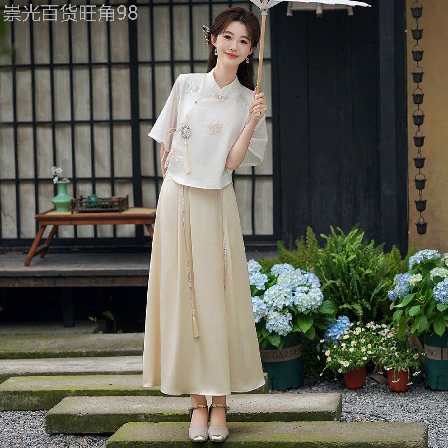 新中式国风套装女装夏季2026新款汉服复古改良旗袍上衣半身裙茶服