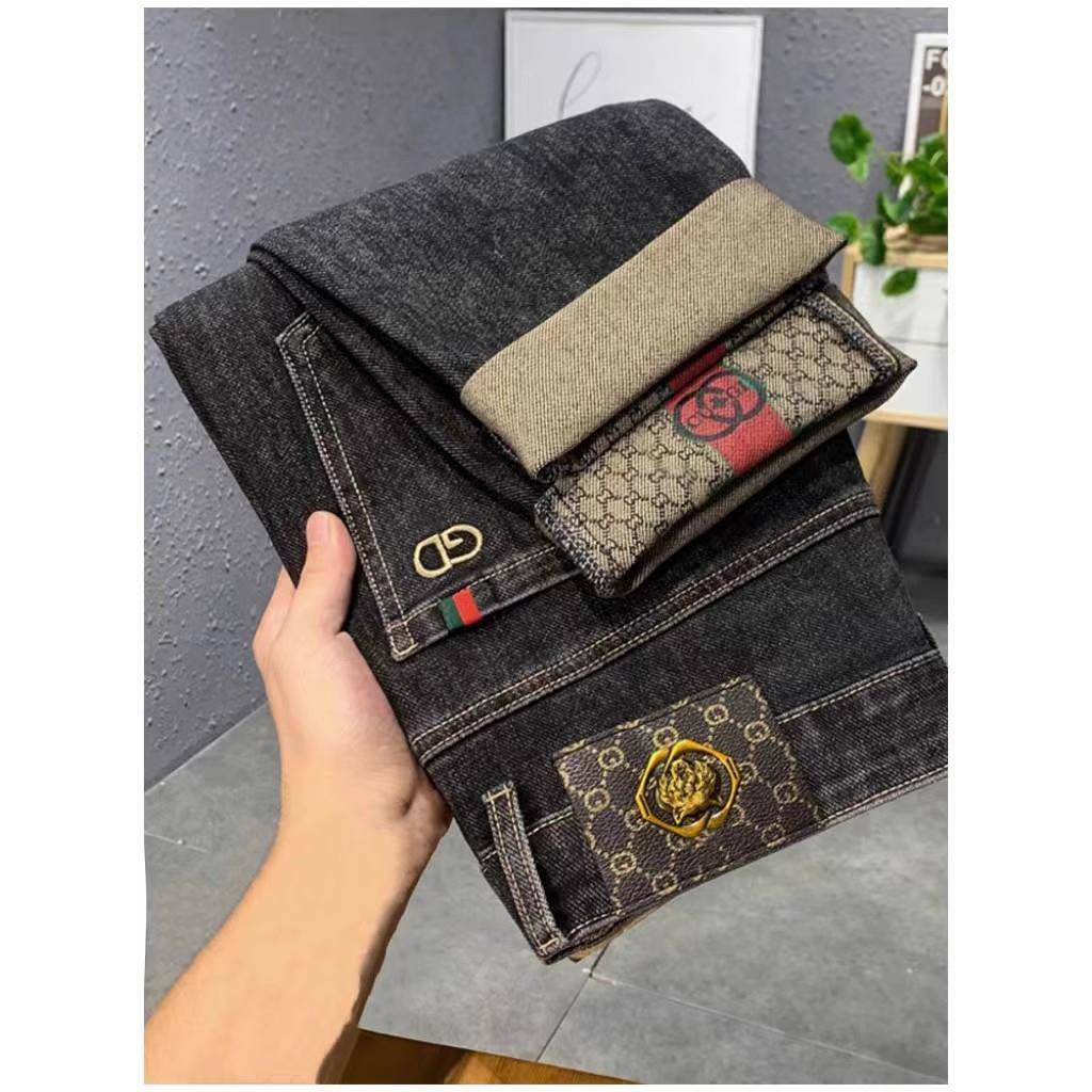 香港潮牌欧洲站高端轻奢黑色牛仔裤男士修身小脚弹力秋冬厚款百搭