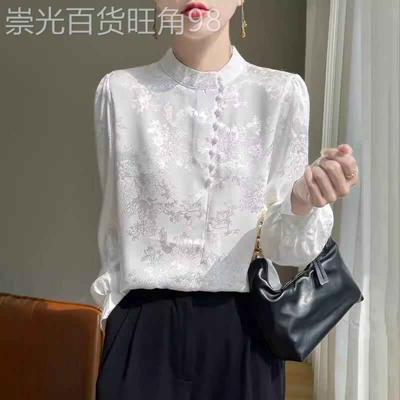新中式国风蕾丝衬衫女2025春秋新款职场穿搭长袖上衣立领印花衬衣