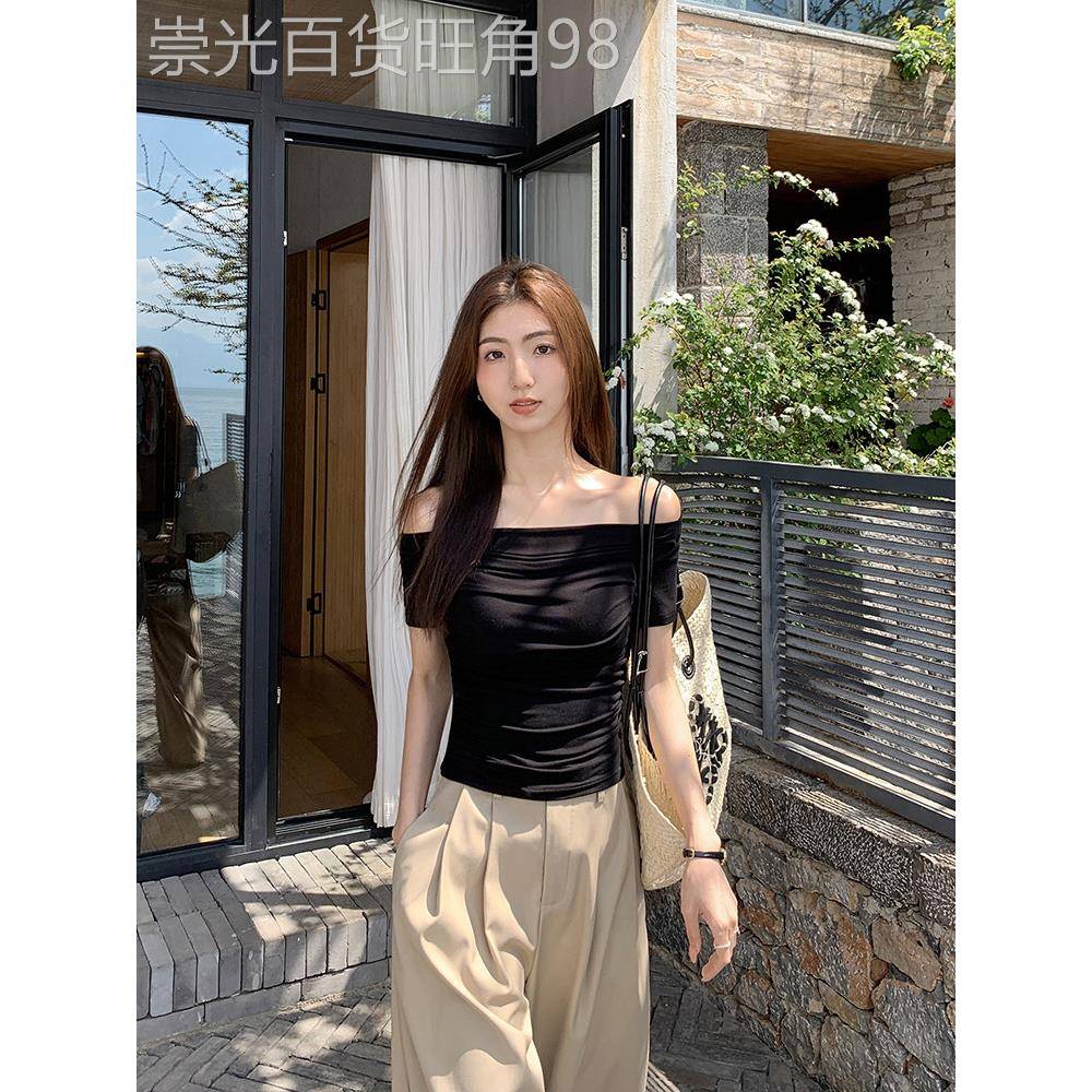 2025夏季新款一字肩上衣女短袖修身冷淡系设计感露肩性感短款T恤