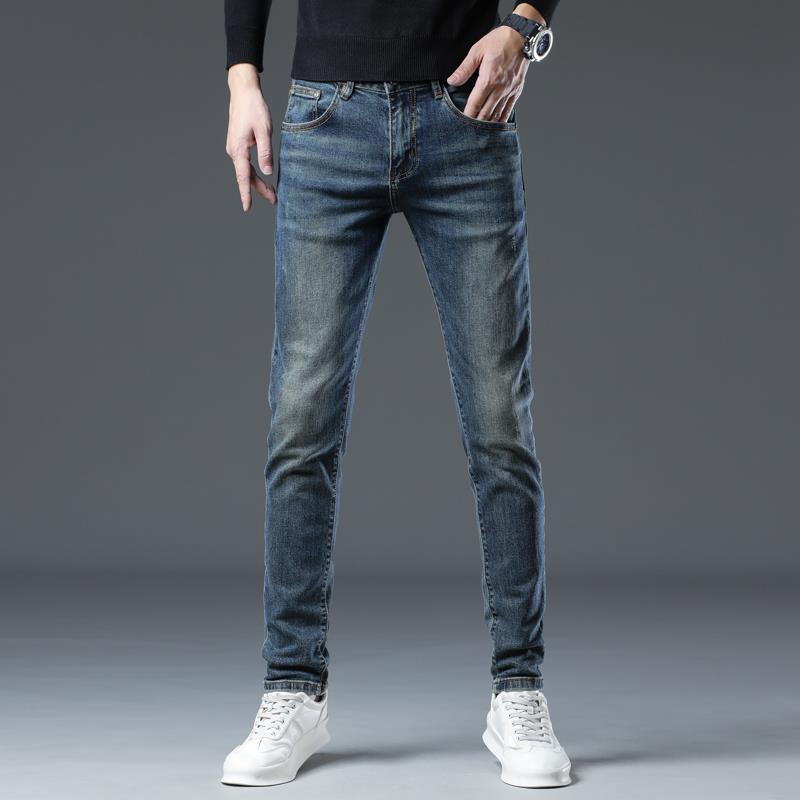 意大利秋冬轻奢复古蓝牛仔裤男修身小脚弹力高端休闲长裤子欧货