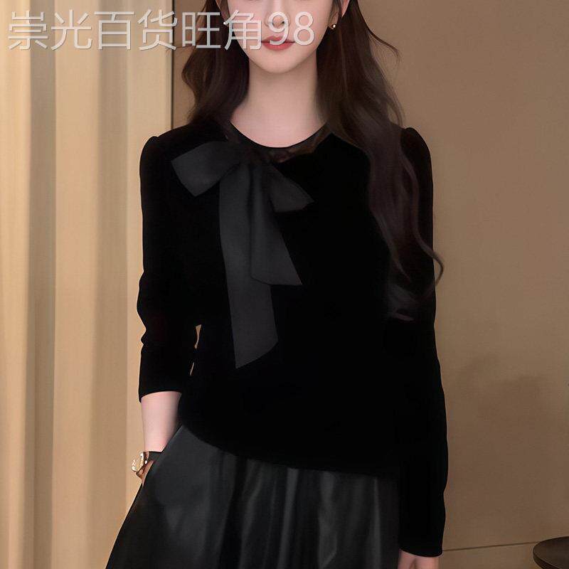 时尚系带黑色金丝绒圆领长袖衬衫2025年秋冬上新女装气质显瘦上衣