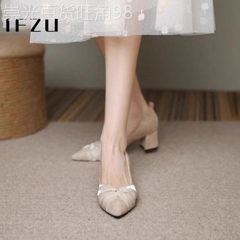 真皮粗跟高跟鞋女春秋季2025新款配裙子中跟法式绒面尖头浅口单鞋