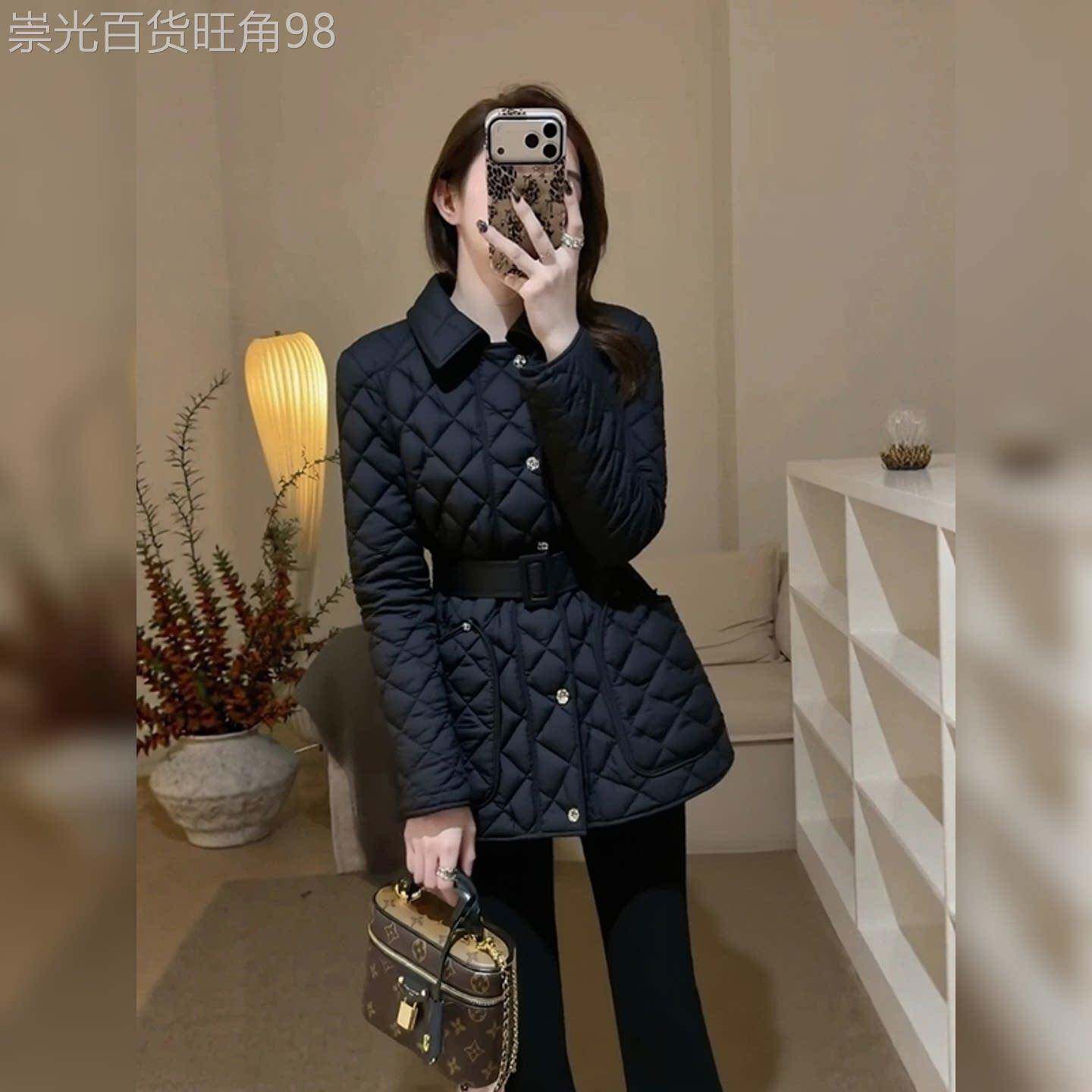 小香风黑色菱形夹棉外套女冬季新款独特超好看加厚保暖收腰棉服潮