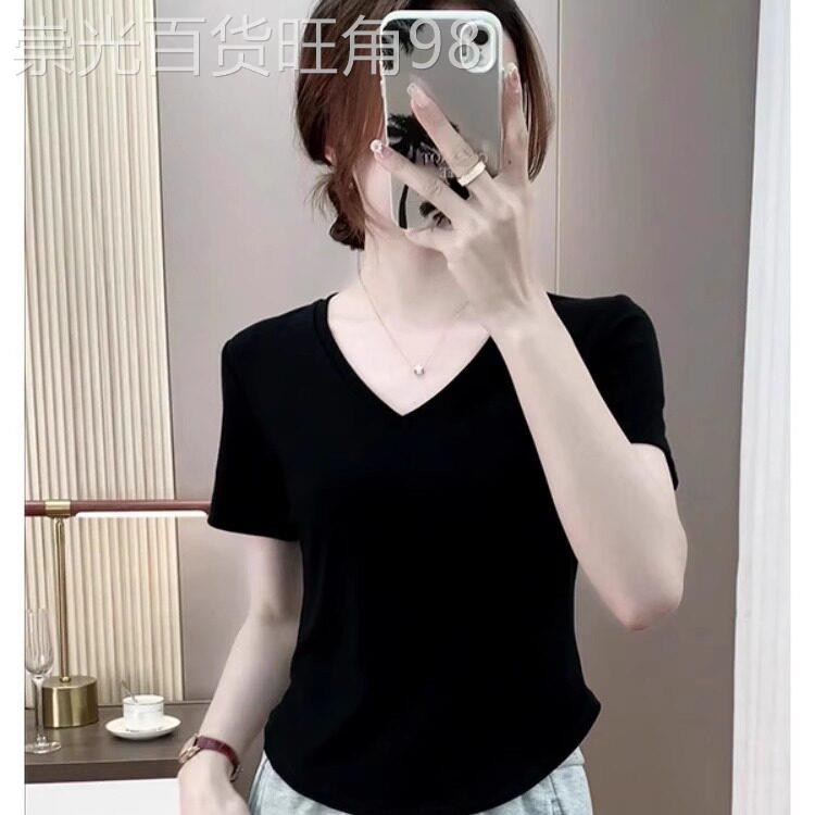 纯棉短袖t恤女夏季薄款2025新款修身显瘦V领正肩不规则半袖上衣