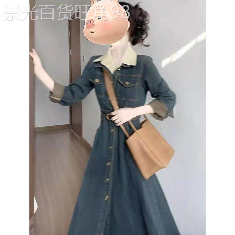 蓝色牛仔连衣裙女春秋季欧货洋气复古学院风时尚收腰开叉A字长裙