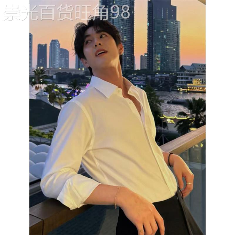 轻奢英伦雅痞白色衬衫男2026春季高级感痞帅长袖修身衬衣内搭上衣