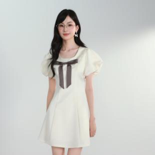 连衣裙 Pearlmise韩系少女甜美气质减龄显瘦海军领蝴蝶结短袖