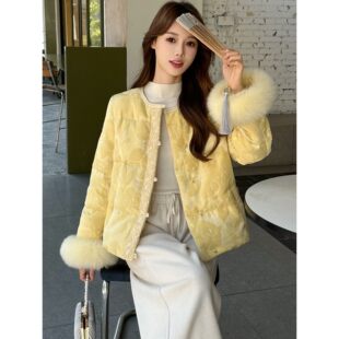 新中式国风提花黄色短款羽绒棉服女2025冬季新款圆领保暖爆款外套