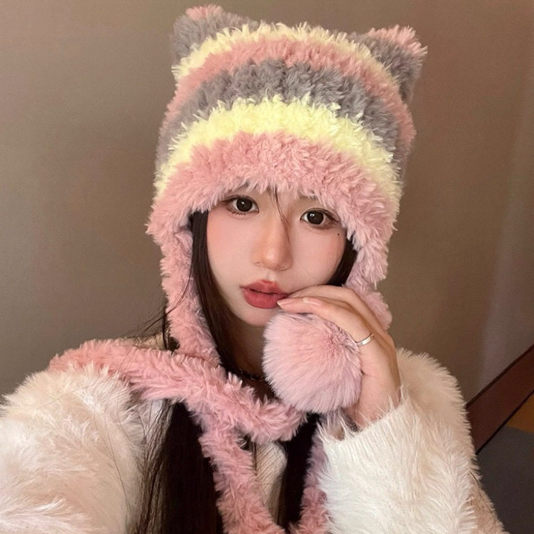 毛绒绒条纹毛线帽子女秋冬季新款显脸小加厚保暖大头围护耳堆堆帽,服饰配件/皮带/帽子/围巾,帽子,淘宝优惠券,粉丝福利购,淘宝优惠卷