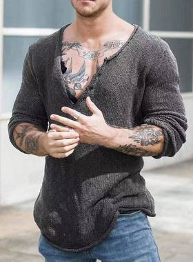 外贸男装2025欧美春秋套头针织衫V领毛织薄款打底衫Men knitwear