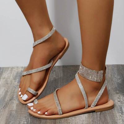 Female diamond flat sandals beach shoes big size 43水钻凉鞋
