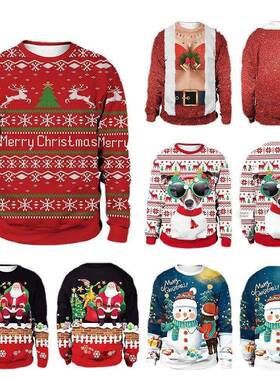 2024 printed round neck Christmas deer couple hoodie