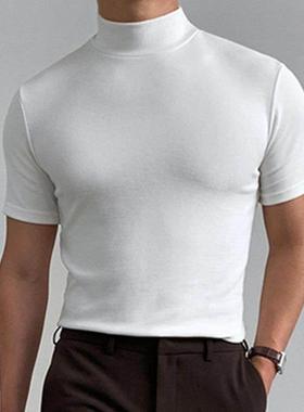 欧美男装2025夏季男士时尚T恤高领纯色短袖打底衫潮Men's T-S