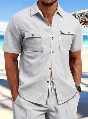 2025夏季欧美男士华夫格短袖休闲纯色翻领百搭衬衫潮Men's Sh