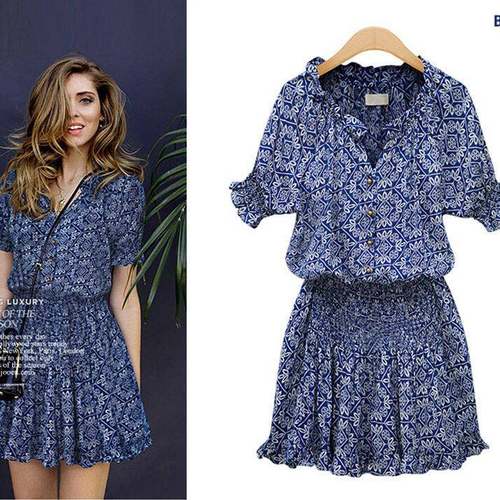 Summer short skirt printed casual V-neck dress 百搭V领短裙