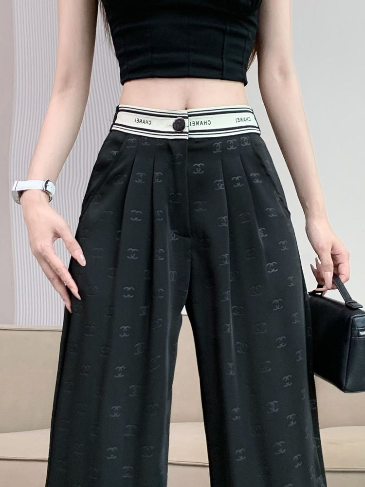thumbnail for Black Acetate Satin Wide-Leg Pants for Women, Summer Thin Design with Stylish Splicing, High-Waisted, Drapey, Versatile Floor-Length Pants