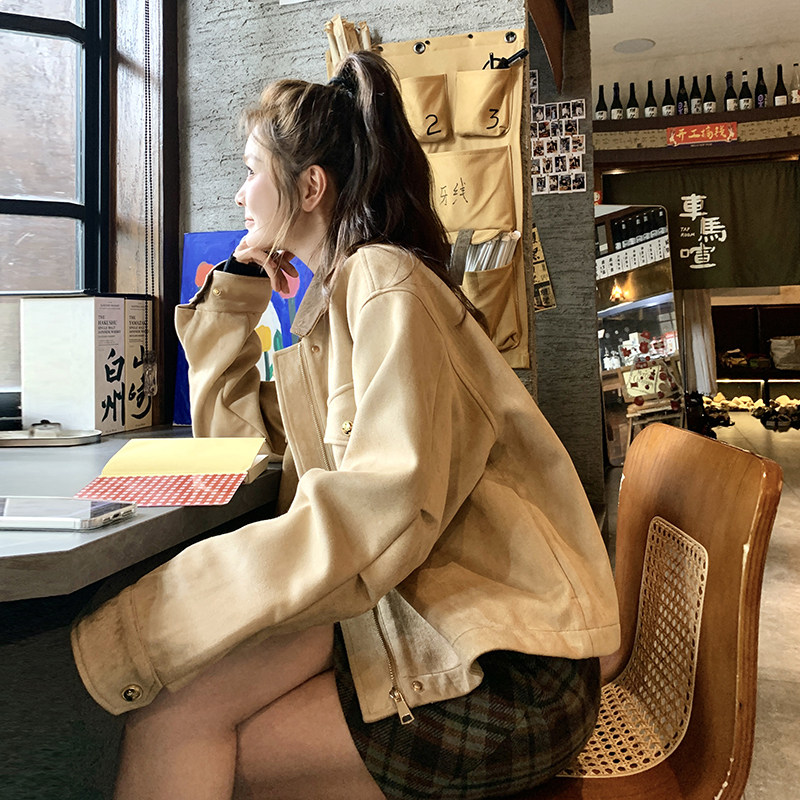 卡其色麂皮绒短款外套女春季2025新款小个子学院风减龄复古夹克,女装短外套,浙宝222（原006）