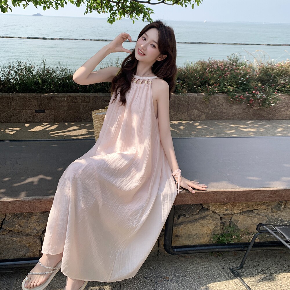 温柔编织装饰镂空挂脖连衣裙女2025夏季新款浪漫度假风收腰长裙潮,女装连衣裙,浙宝222（原006）