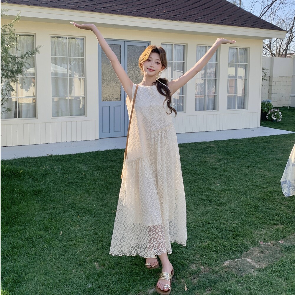 法式减龄提花无袖背心连衣裙女2025新款夏季米白色甜美巨好看长裙,女装连衣裙,浙宝222（原006）