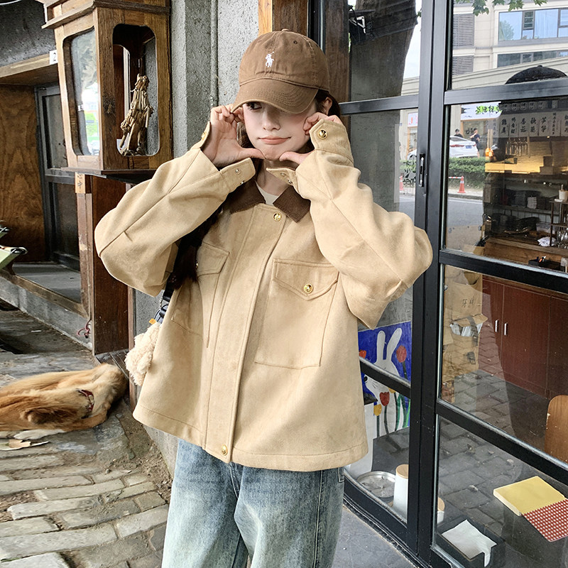 卡其色麂皮绒短款外套女春季2025新款小个子学院风减龄复古夹克,女装短外套,浙宝222（原006）