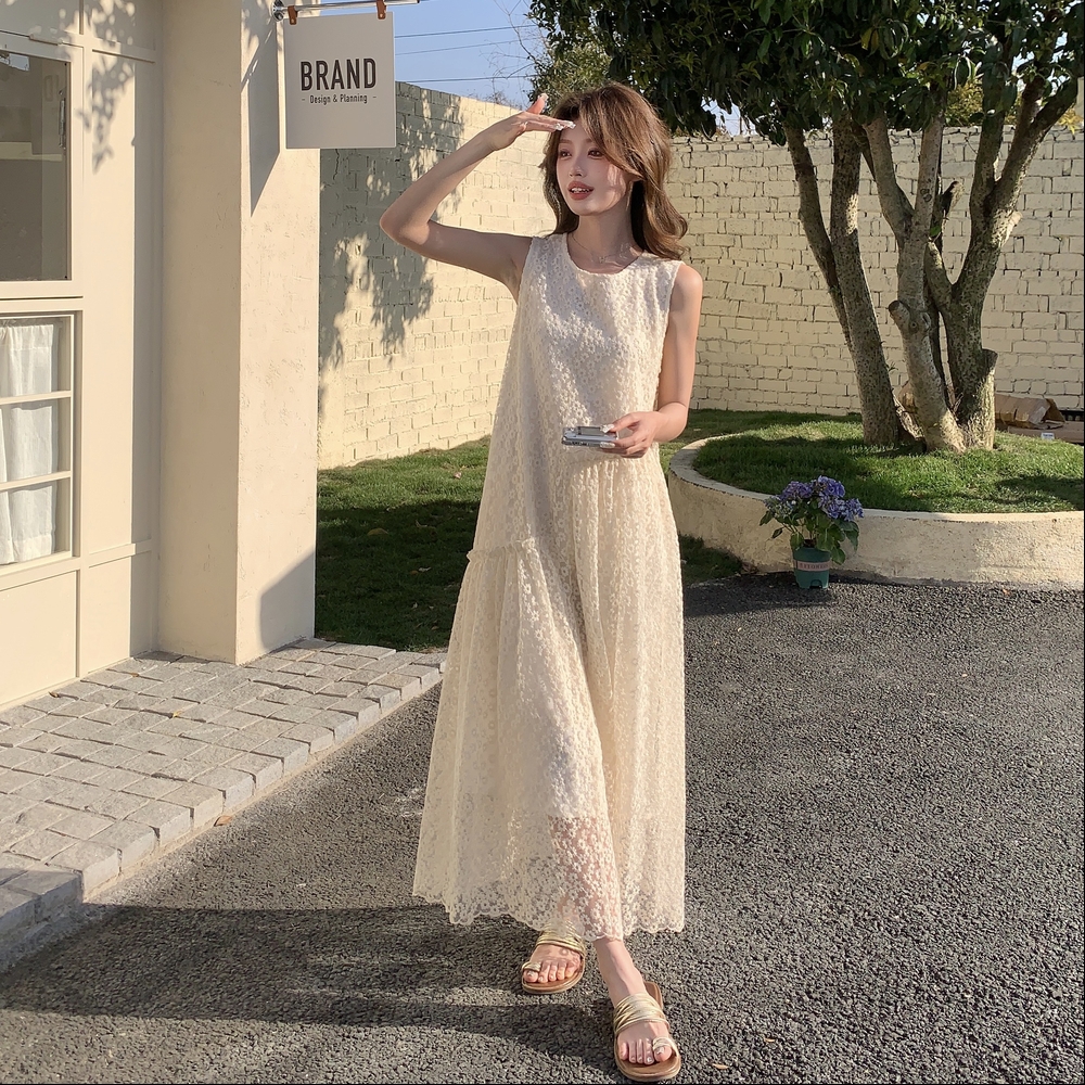 法式减龄提花无袖背心连衣裙女2025新款夏季米白色甜美巨好看长裙，女装连衣裙，浙宝222（原006）