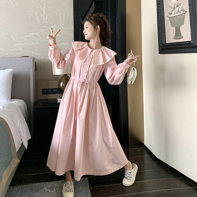 粉色娃娃领拼接收腰连衣裙女春2025新款韩系小个子减龄学院风长裙,女装连衣裙,浙宝222（原006）