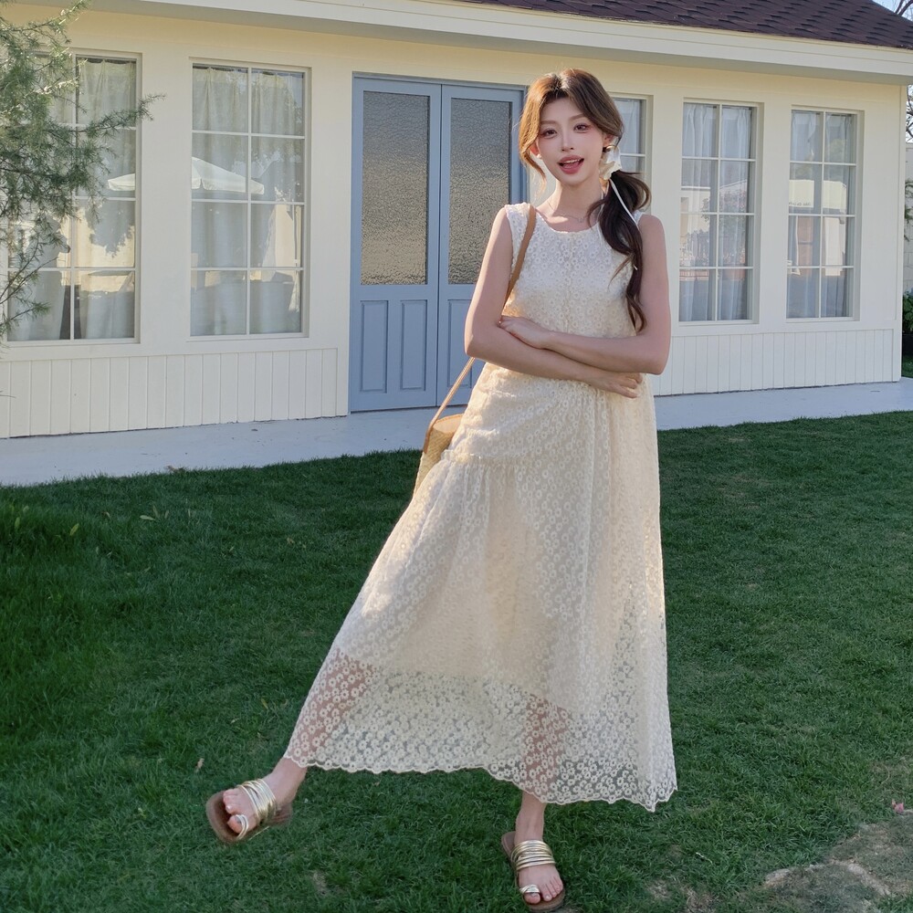 法式减龄提花无袖背心连衣裙女2025新款夏季米白色甜美巨好看长裙,女装连衣裙,浙宝222（原006）