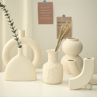 ins复古素胚陶瓷花瓶北欧风格客厅装饰摆件干花粗陶花器假花盆器