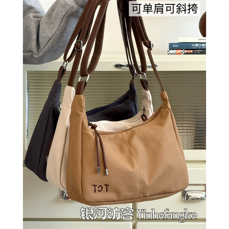 百搭ins帆布包包女新款复古大学生托特包学院风休闲大容量斜挎包