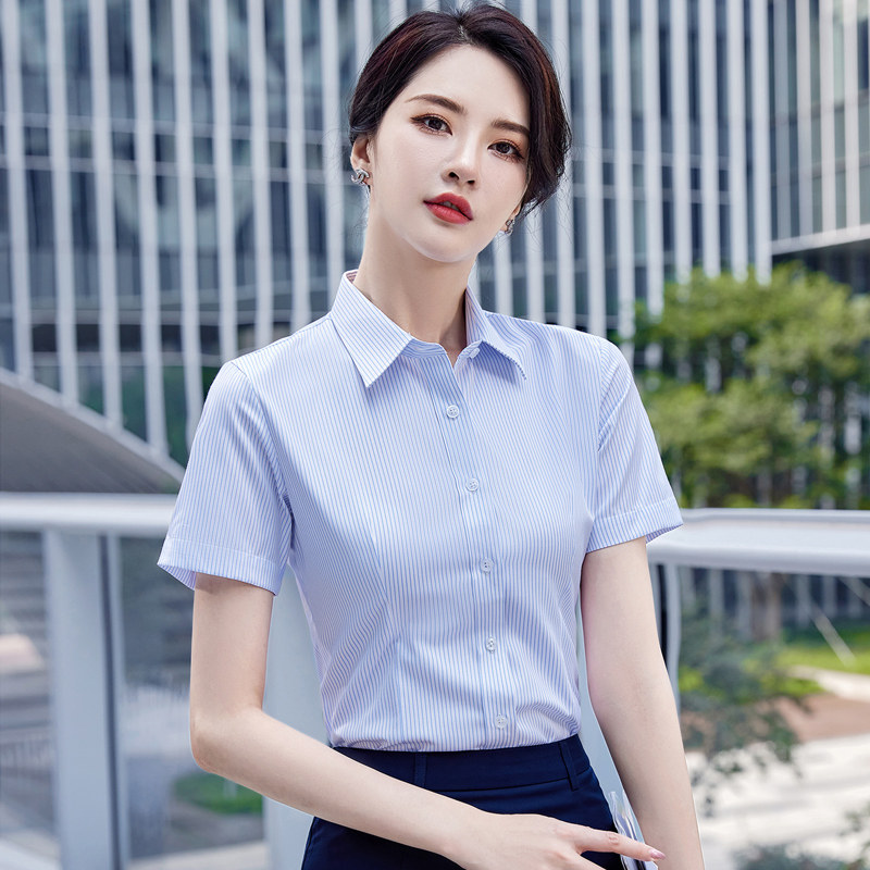 蓝色条纹衬衫女短袖夏季