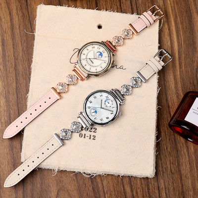 适用vivowatch5表带月光白智能手表仿镶钻真皮腕带iqoowatch5辰夜黑ins女款时尚百搭手表链五代精钢版替换带
